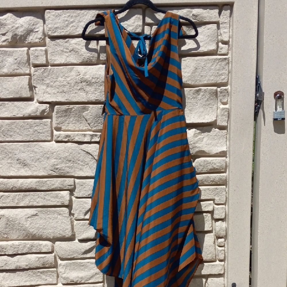 Minuet  Teal and Brown Asymmetrical Striped Dress Size S